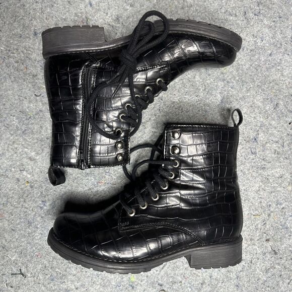 VINTAGE Steve Madden Bobbi Leather Vegan Combat Boot Black Croc 90s Y2K 7.5 RARE - Picture 5 of 10